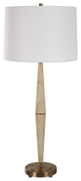 Contemporary Tapered Beige Travertine Stone 38in Slim Pole Table Lamp Minimalist