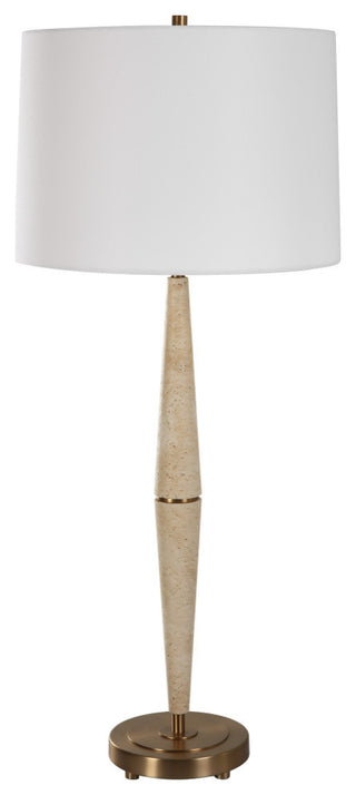 Contemporary Tapered Beige Travertine Stone 38in Slim Pole Table Lamp Minimalist