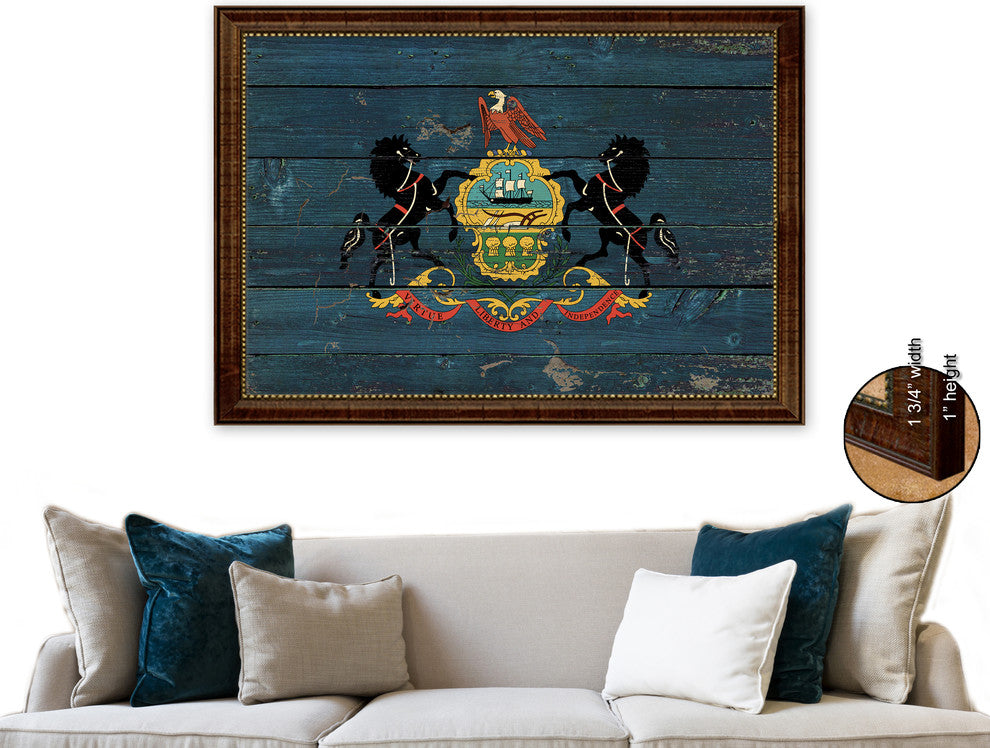 Pennsylvania State Vintage Flag Print With Brown Gold Frame, 23"X33"