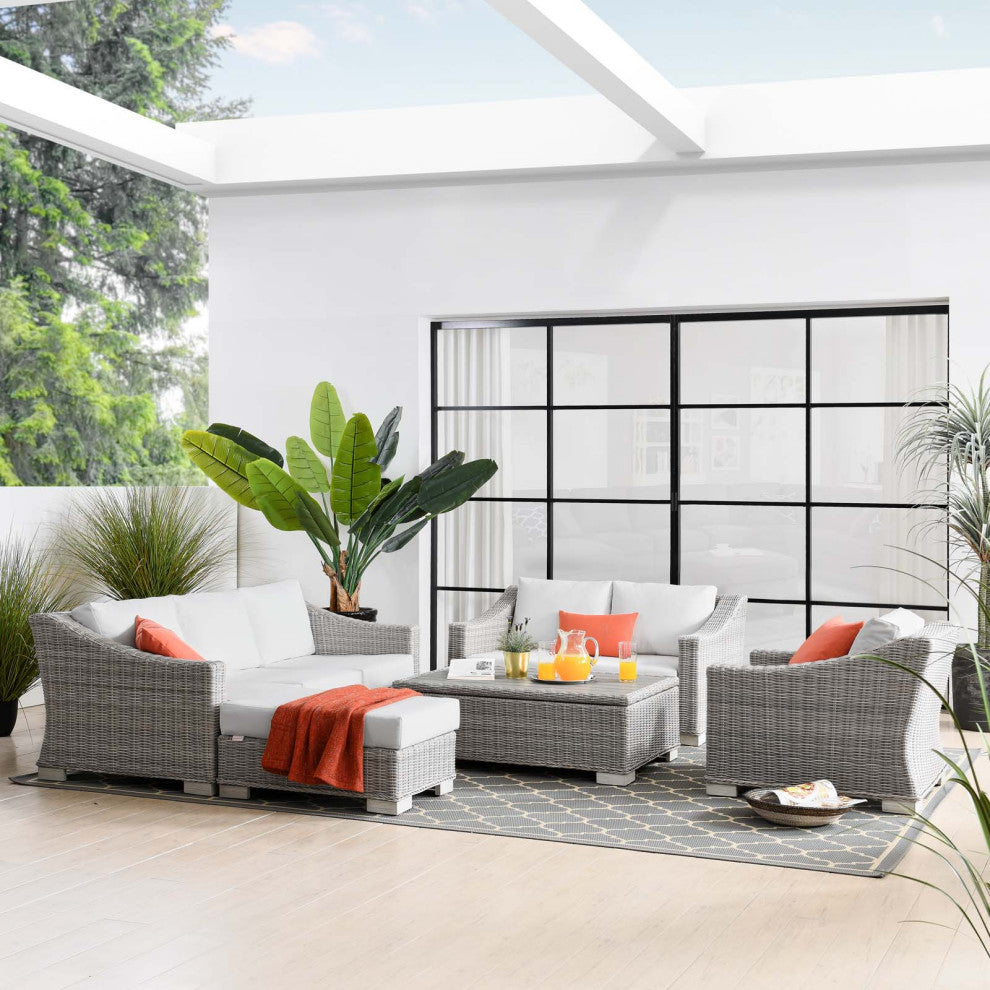 Lounge Sectional Sofa Chair Set, Rattan, Wicker, Gray White, Outdoor