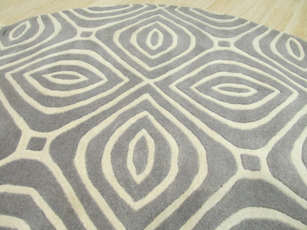 Hand-Tufted Wool Gray Contemporary Geometric Marla Rug, 7'9 Round
