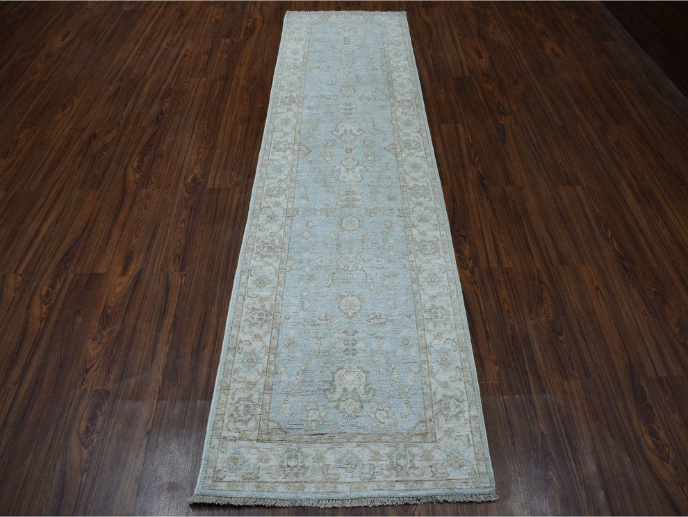 White Wash Peshawar Pure Wool Hand-Knotted Runner Oriental Rug, 2'7" x 9'9"