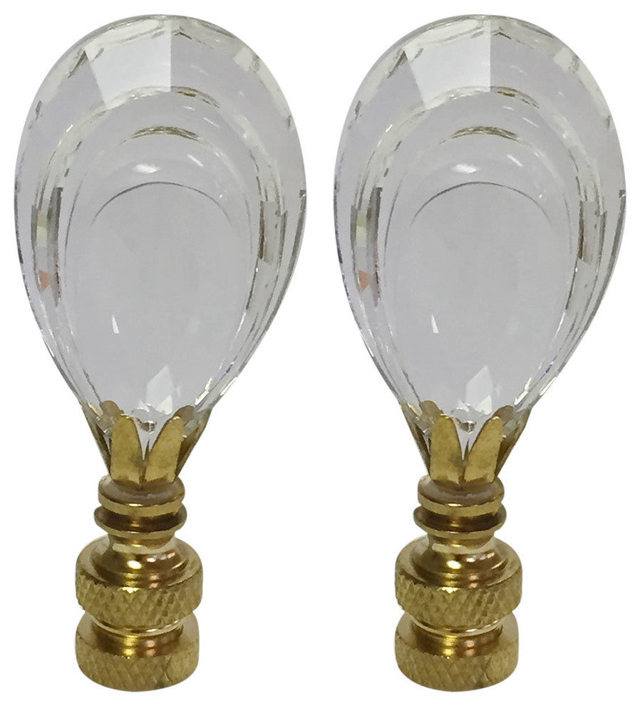 Flat Teardrop Shaped K9 Clear Crystal Lamp Finial With Polished Brass Base, Set