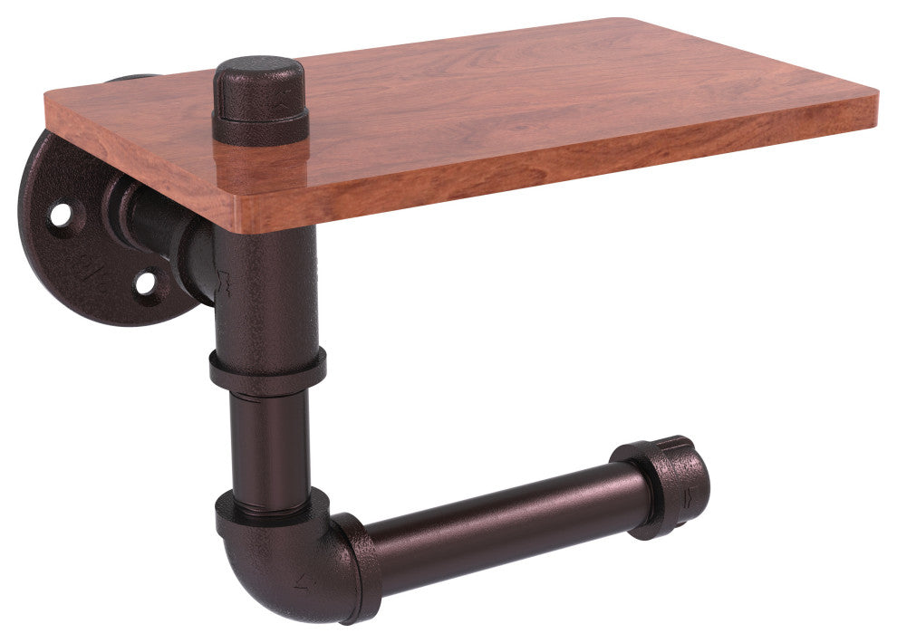 Pipeline Toilet Paper Holder with Wood Shelf, Antique Bronze