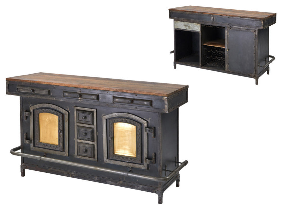 70" Steampunk Industrial Home Bar Island Counter Top Cabinet with Footrest