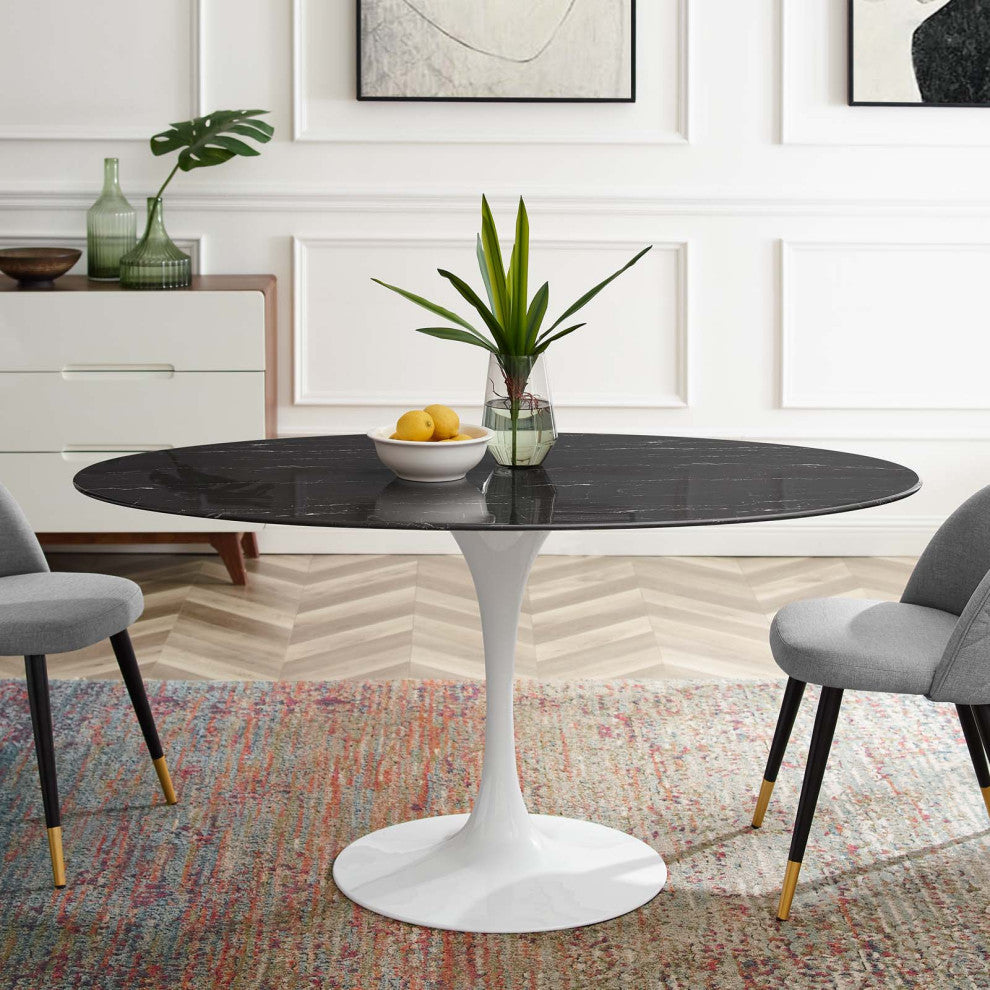60" Dining Table, Round, Black White, Artificial Marble, Metal, Modern