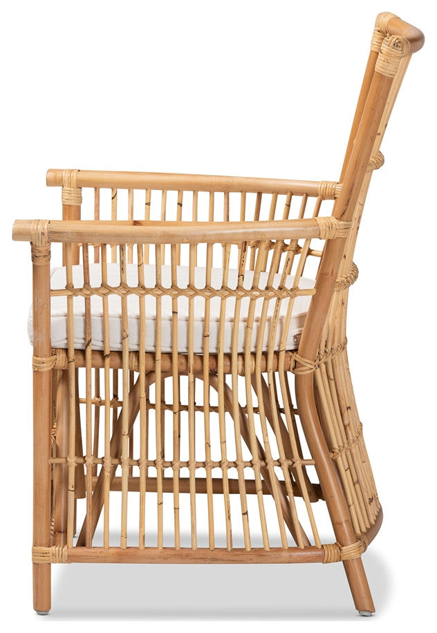 Modern Bohemian White Fabric Upholstered and Natural Brown Rattan Armchair
