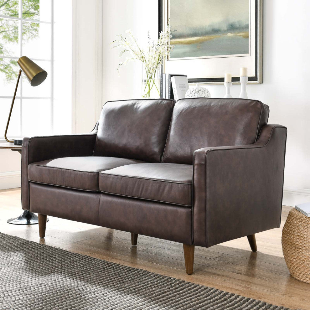 Loveseat Sofa, Brown, Leather, Modern, Mid Century Hotel Lounge Cafe Lobby