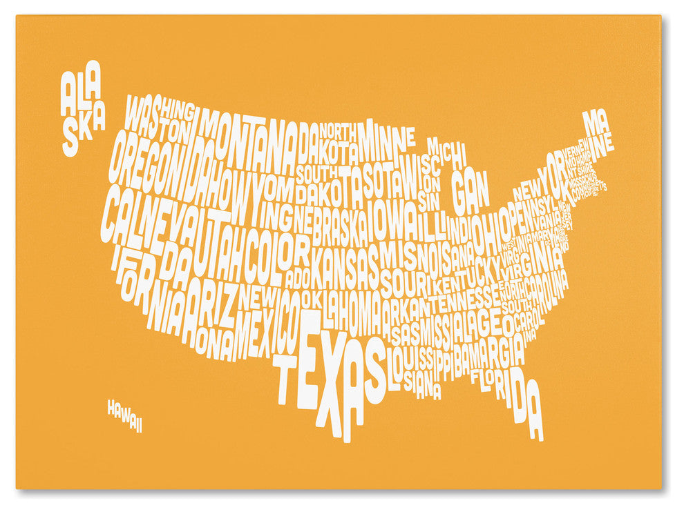 'USA States Text Map - Sunset' Canvas Art by Michael Tompsett