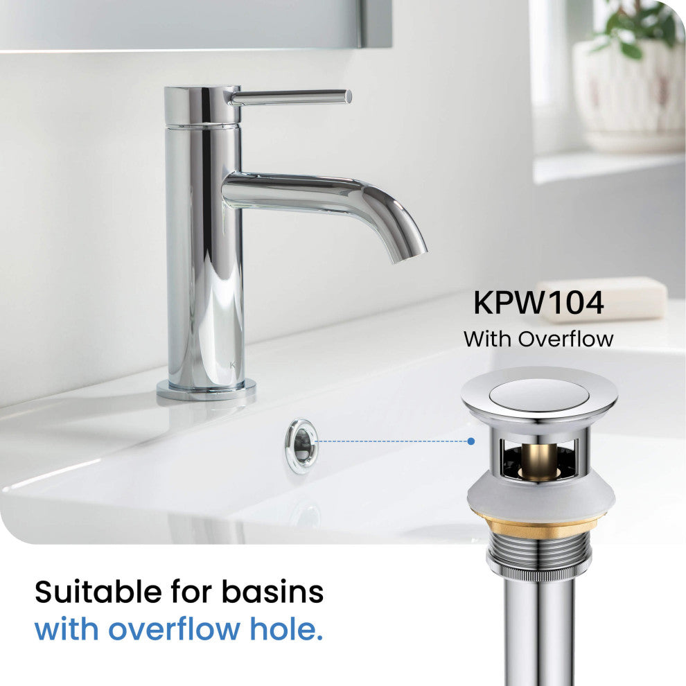 Bathroom Sink Pop Up Drain Stopper, 12" Tailpiece With Overflow KPW104, Chrome