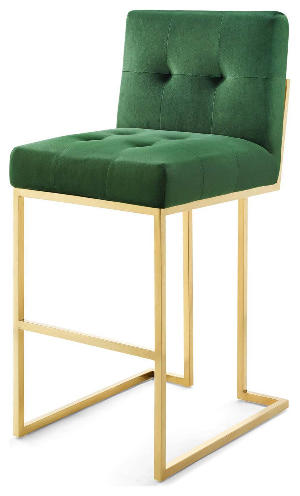 Bar Stool Chair Barstool, Set of 2, Velvet, Metal, Gold Green, Modern, Bar Pub