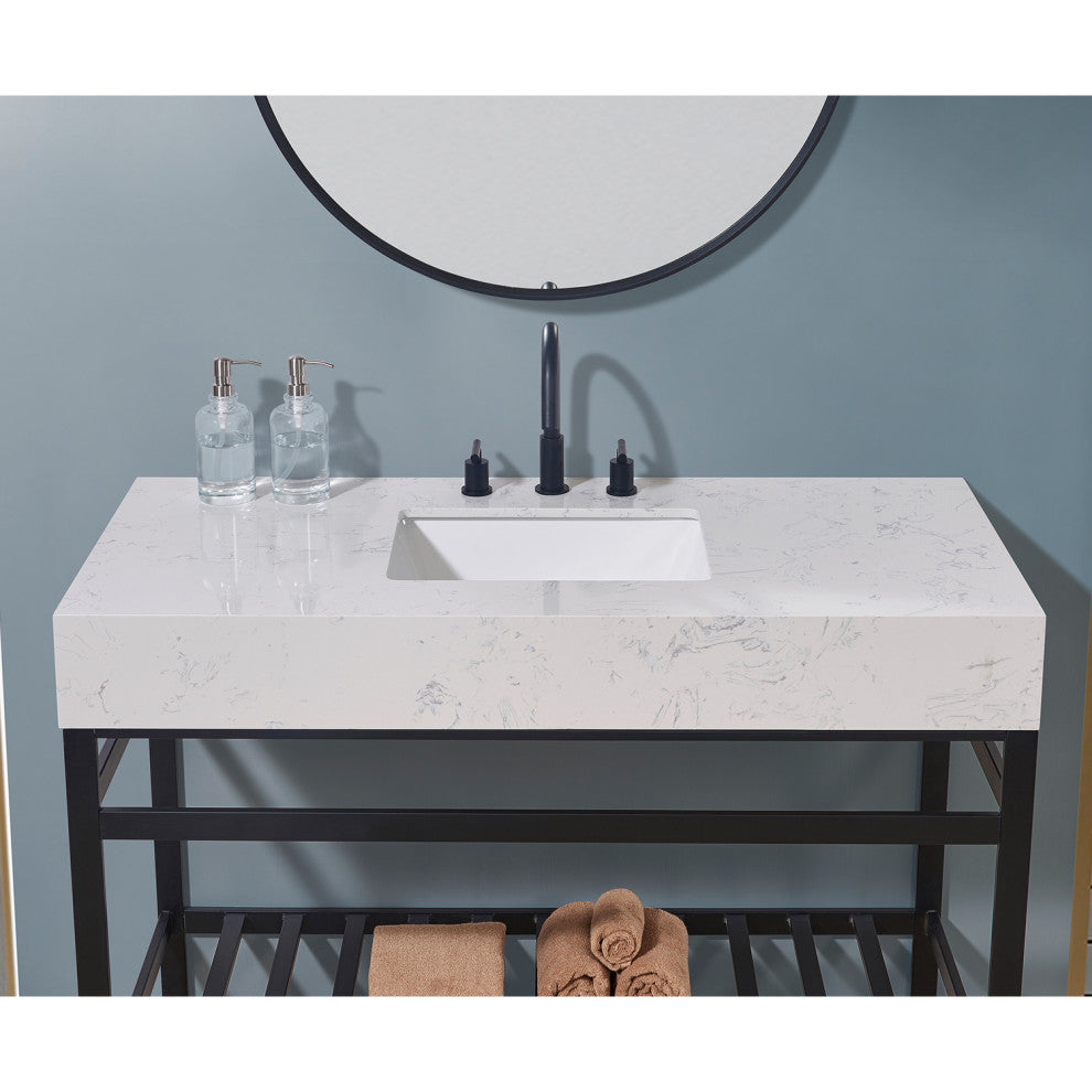 Merano Engineered Stone Vanity Top, Aosta White Apron With White Sink, 48"