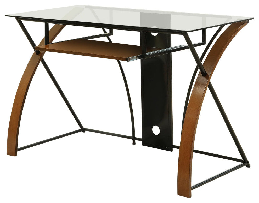 Contemporary Desk, Unique X-Shaped Sides With Tempered Glass Top & Keyboard Tray