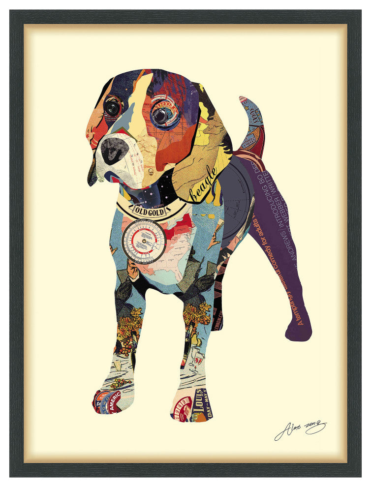 Beagle Dog Dimensional Handmade Collage Wall Art Framed Under Glass