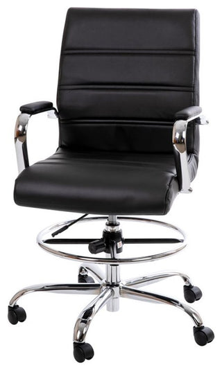 Mid-Back LeatherSoft Drafting Chair, Adjustable Foot Ring, Chrome Base, Black