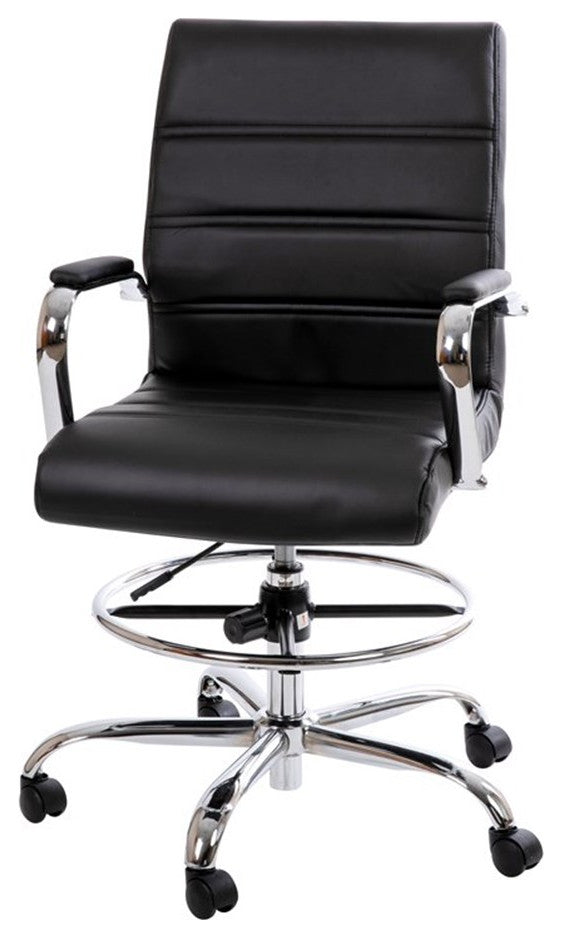 Mid-Back LeatherSoft Drafting Chair, Adjustable Foot Ring, Chrome Base, Black