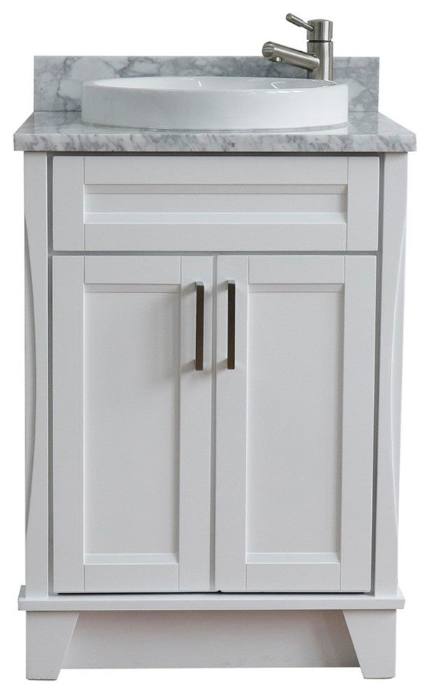 25" Single Sink Vanity, White Finish With White Carrara Marble And Round Sink