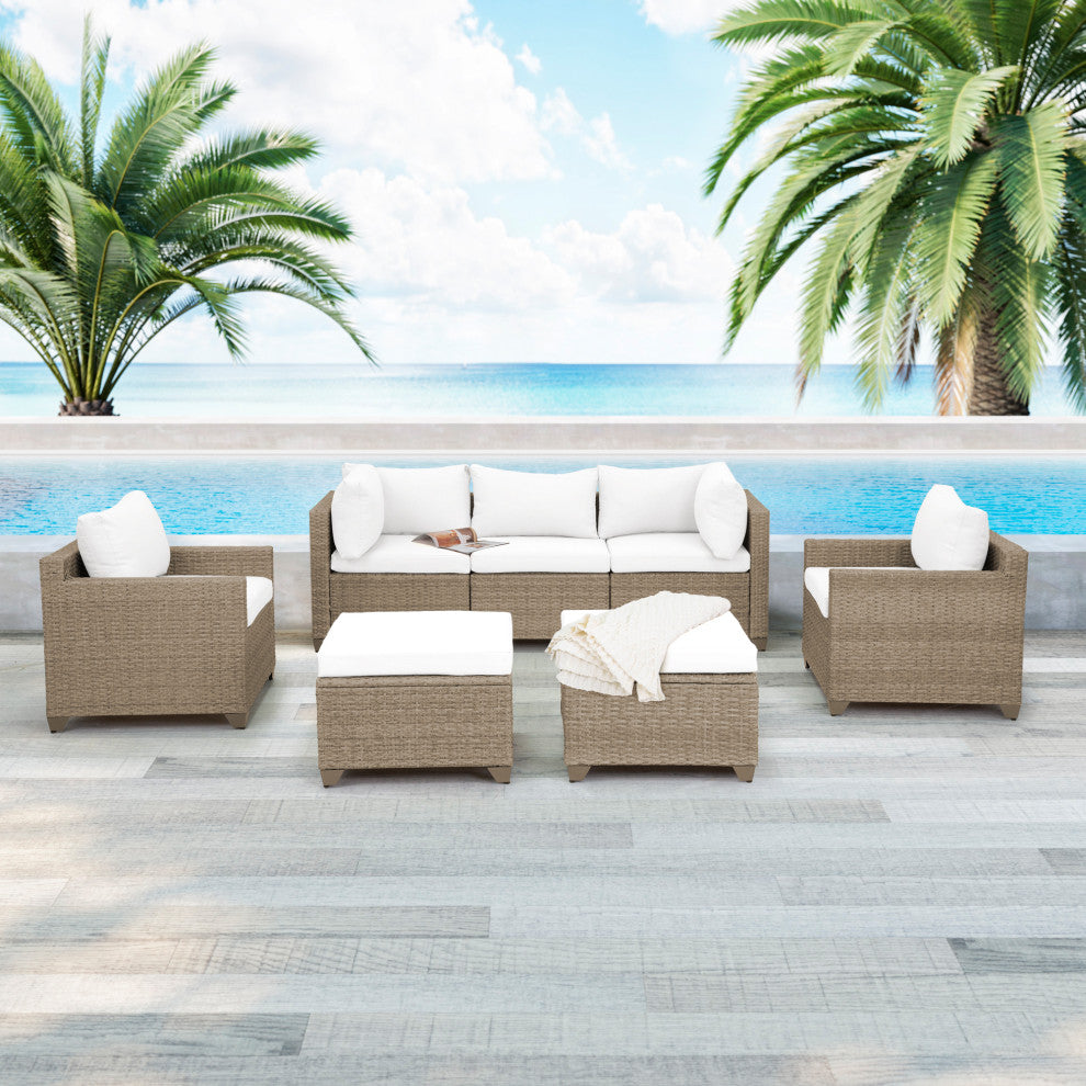 Maui 7-Piece Outdoor Conversation Set, Two Ottomans, Linen White