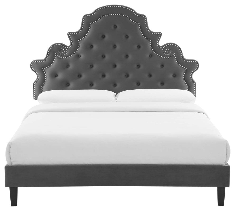 Tufted Platform Bed Frame, Queen Size, Velvet, Gray, Modern Contemporary