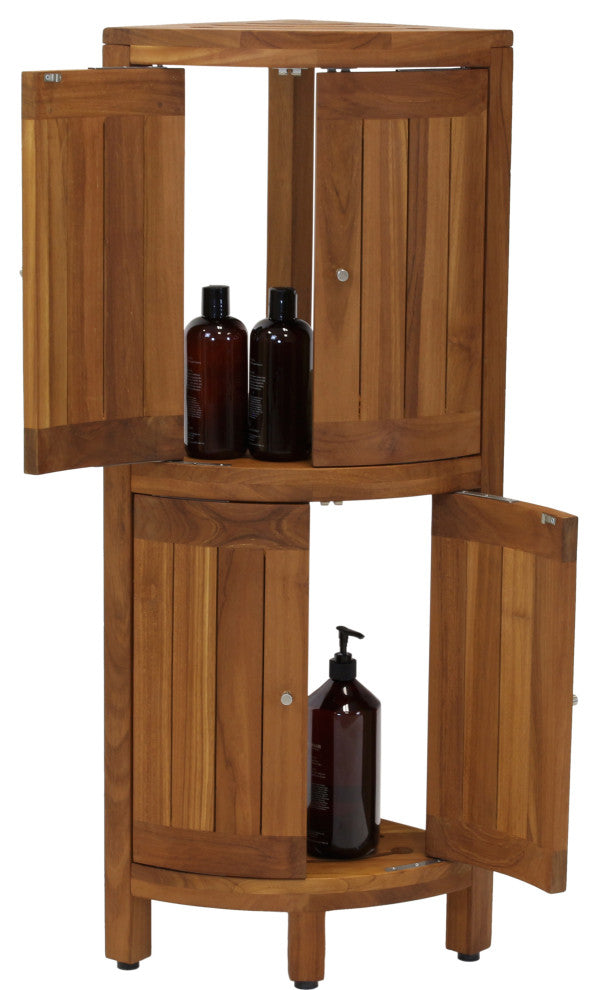 Kai Corner Teak Bath Shelf With Square Legs and Front Facing Doors