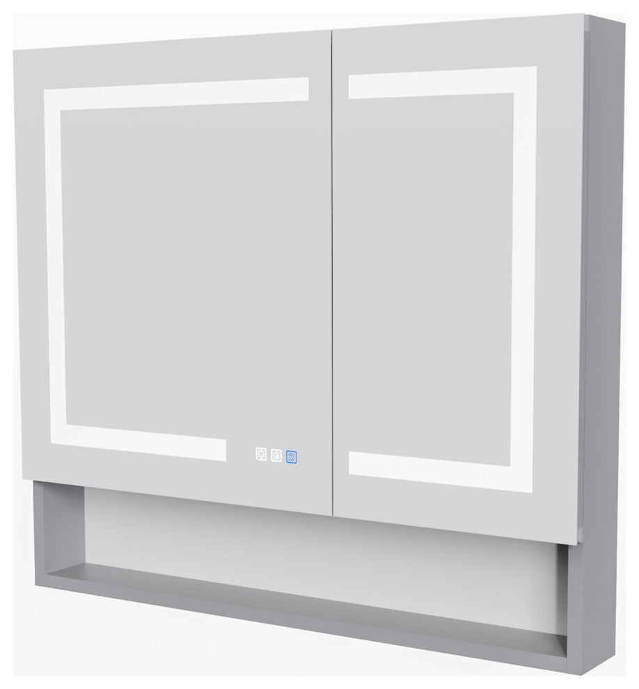 Aluminum Surface/Recessed Mount Medicine Cabinet with Mirror, Outlet and Lights, Sliver, 36" X32" in