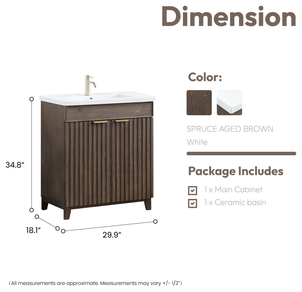 Palos Bathroom Vanity, Spruce Aged Brown, 30", Ceramic Top, No Mirror