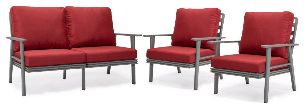 LeisureMod Walbrooke 3-Piece Patio Set With Gray Aluminum Frame and Cushions, Red