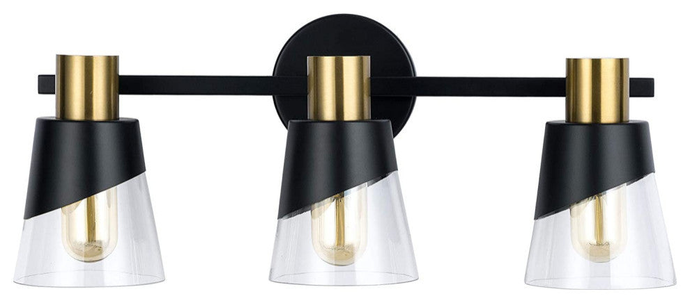 3 Lights Vanity Wall Lightfixture Black and Gold Glass Wall Lighting