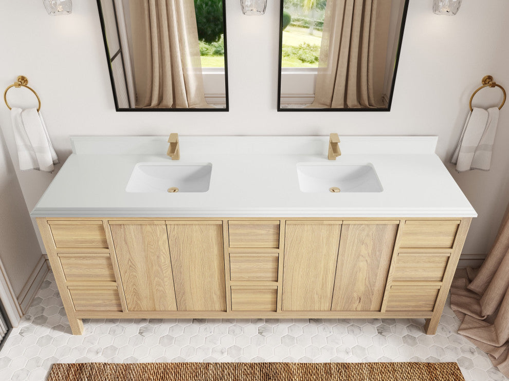 Elizabeth Oak 84" Double Sink Vanity, White 1.5" White Quartz