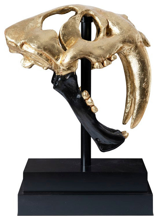Saber Tooth Tiger Skull, Black, Gold Leaf
