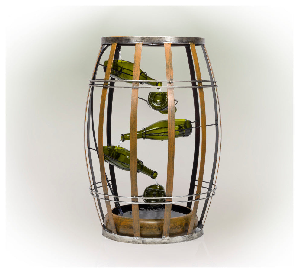 Alpine Metal Tiered Wine Bottles in a Barrel Fountain, 31" Tall