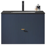 BARCELONA Wall Mount Modern Bathroom Vanity, Dark Blue, 30", Black Countertop