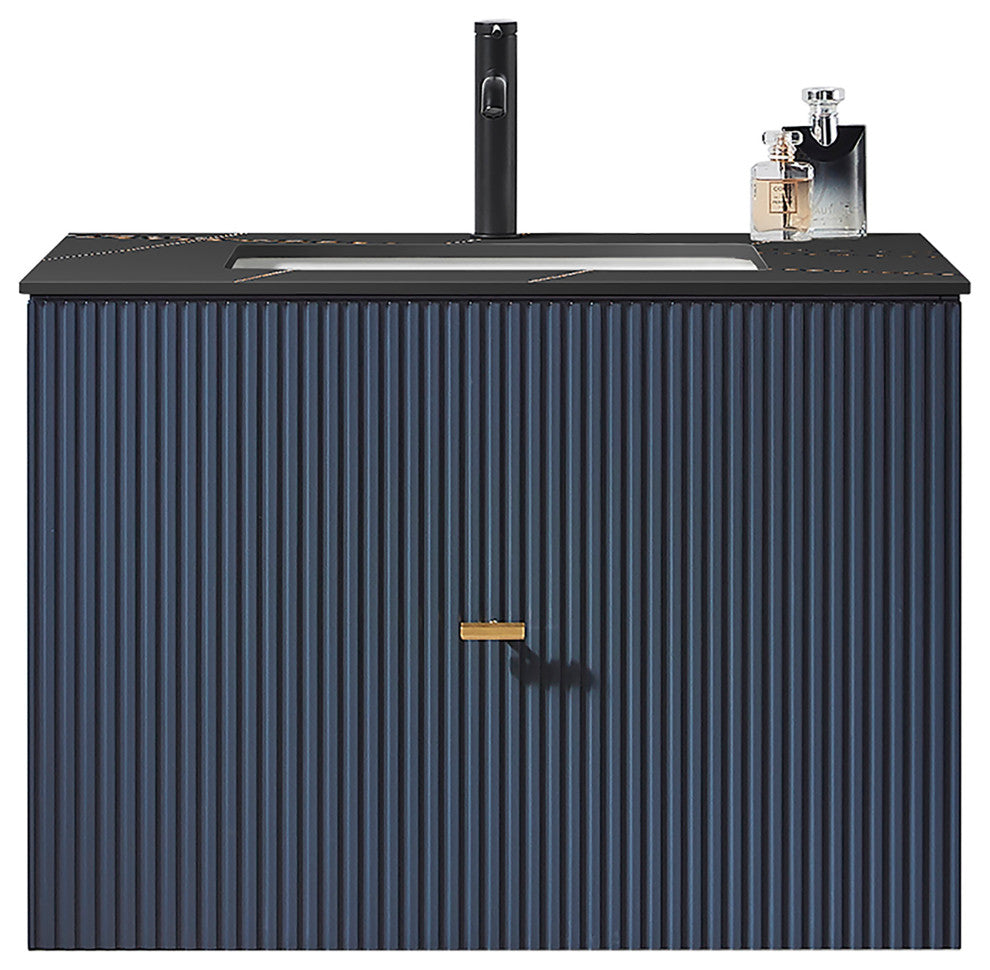 BARCELONA Wall Mount Modern Bathroom Vanity, Dark Blue, 30", Black Countertop