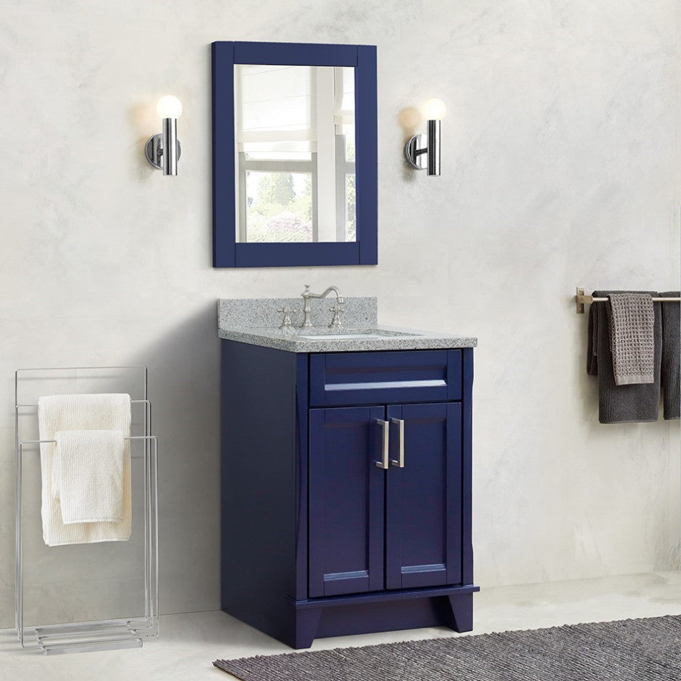 25" Single Sink Vanity, Blue Finish With Gray Granite And Rectangle Sink