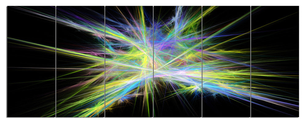 Yellow Blue Chaos Multicolored Rays, Abstract Canvas Wall Art, 70"x28", 6 Panels