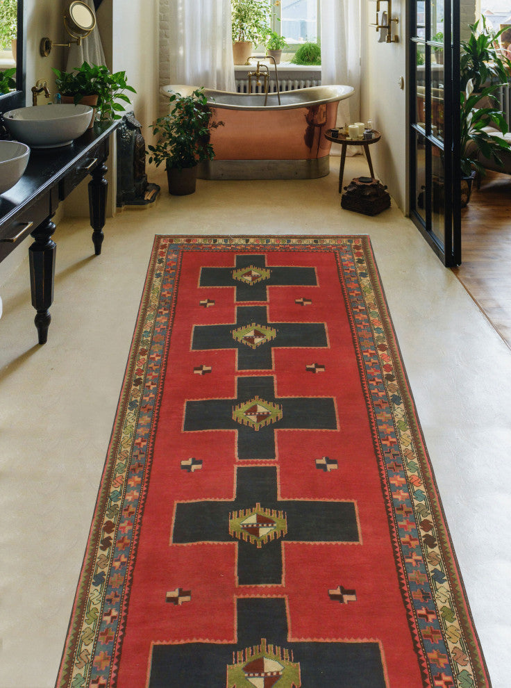 Fine Vintage Distressed Fawad Red/Navy Runner, 3'9x10'4