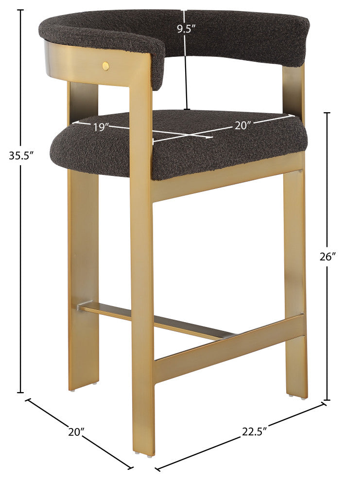 Romeo Upholstered Counter Stool, Set of 2, Brown, Boucle Fabric, Brushed Gold