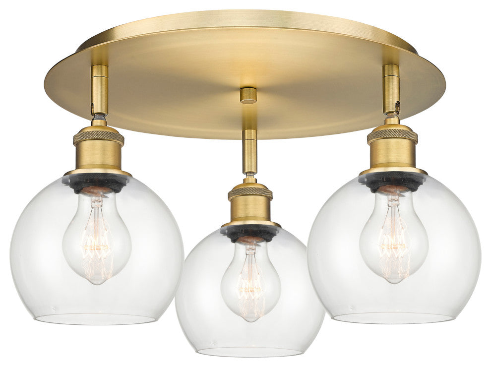 Athens-3 Light 18" Flush Mount-Brushed Brass, Clear Glass Shade