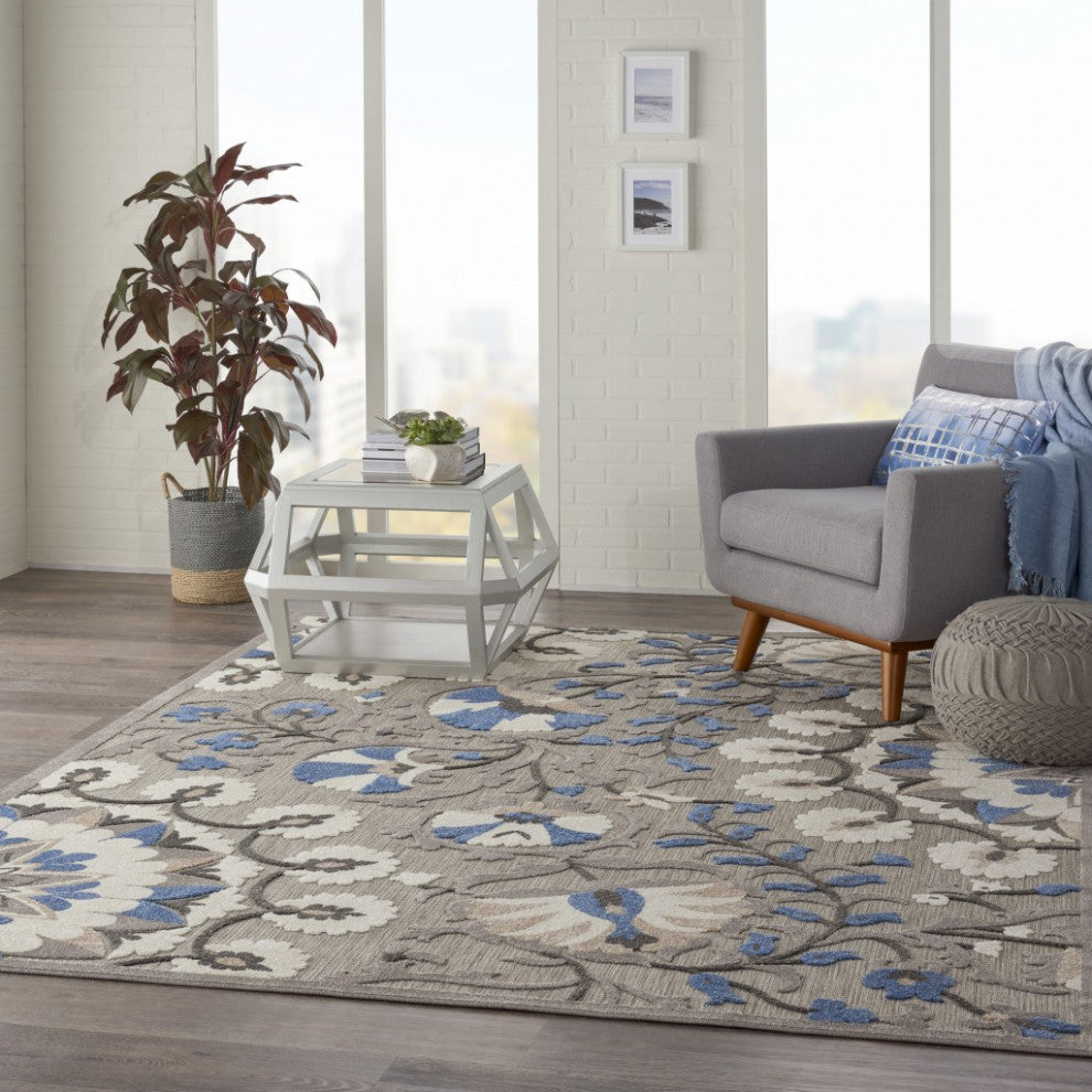 8 x 11 Gray and Blue Vines Indoor Outdoor Area Rug