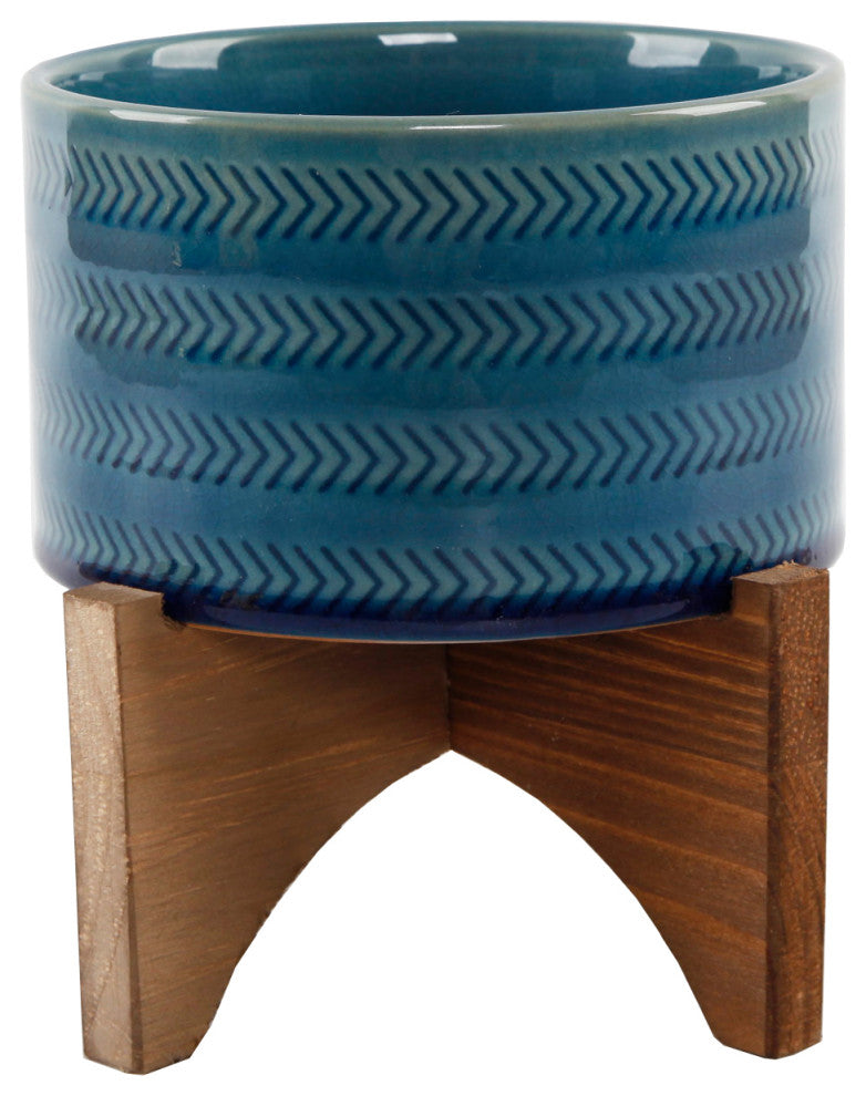 5" Arrow Ceramic Planter On Wood Stand, Glass Teal
