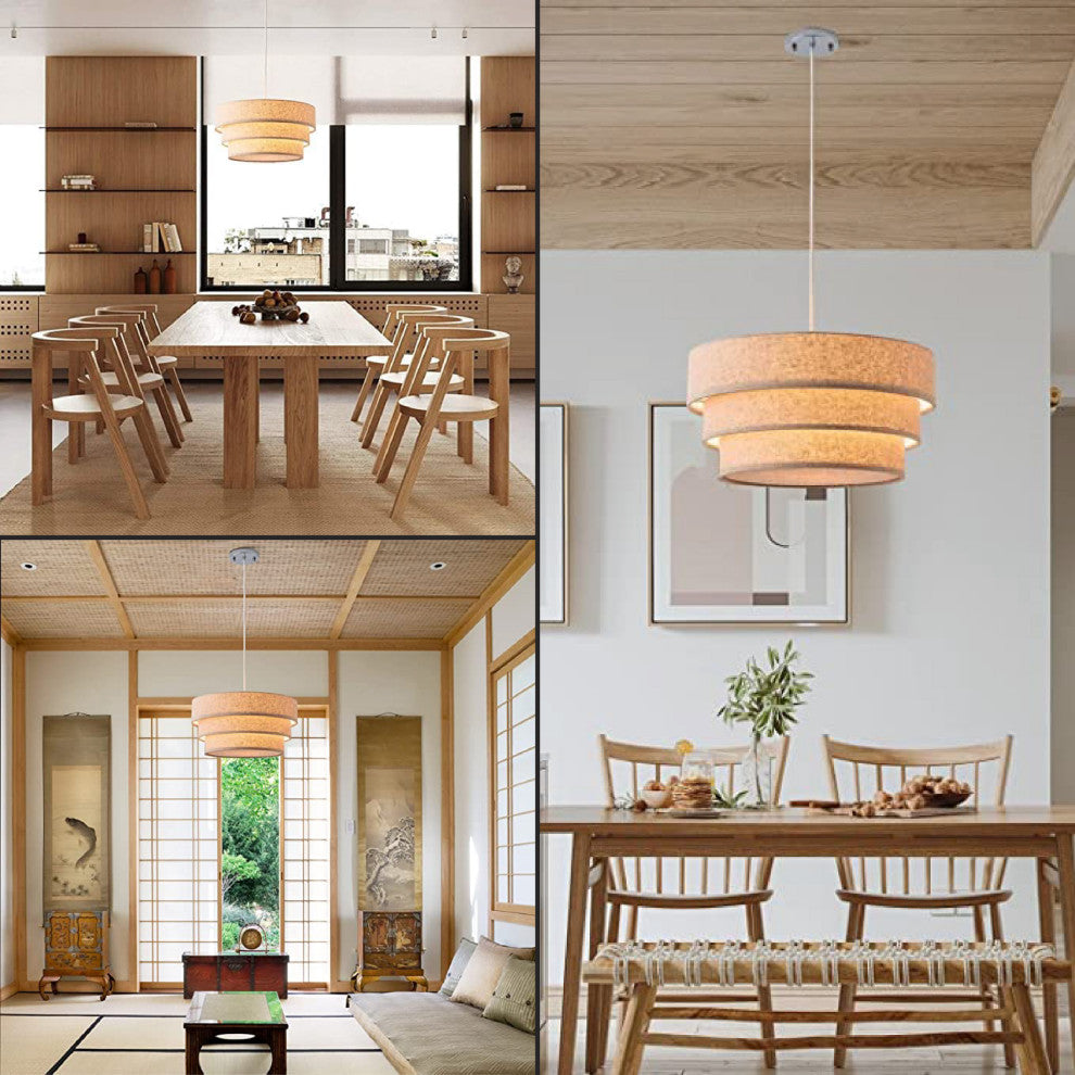 Crema hanging lamps 13.4 Inch drum chandelier Linen pendant light