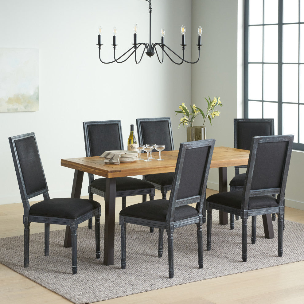 Marten Farmhouse Fabric Upholstered Wood and Cane 7 Piece Dining Set, Black + Grey + Rustic Metal + Natural Stained