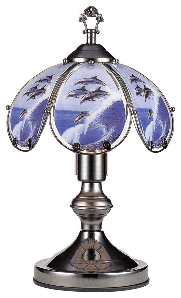 Benzara BM240942 Umbrella Shade Glass Table Lamp Dolphin Print Silver