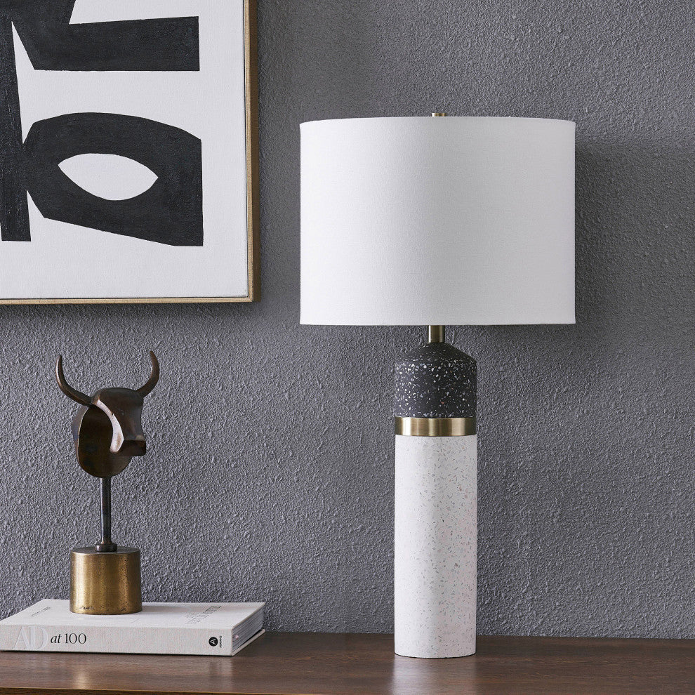 Kaitlyn Terrazzo White and Black Speckled Table Lamp With Off-White Cotton Shade