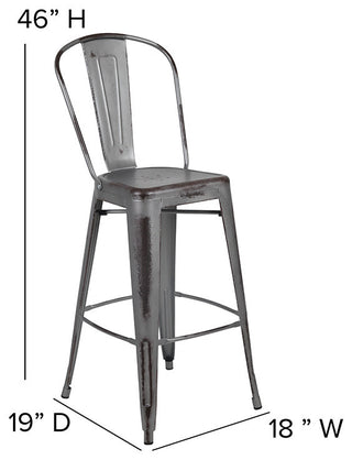 Commercial 30"High Distressed Silver Gray Metal Indoor-Outdoor Barstool, Back