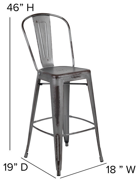 Commercial 30"High Distressed Silver Gray Metal Indoor-Outdoor Barstool, Back