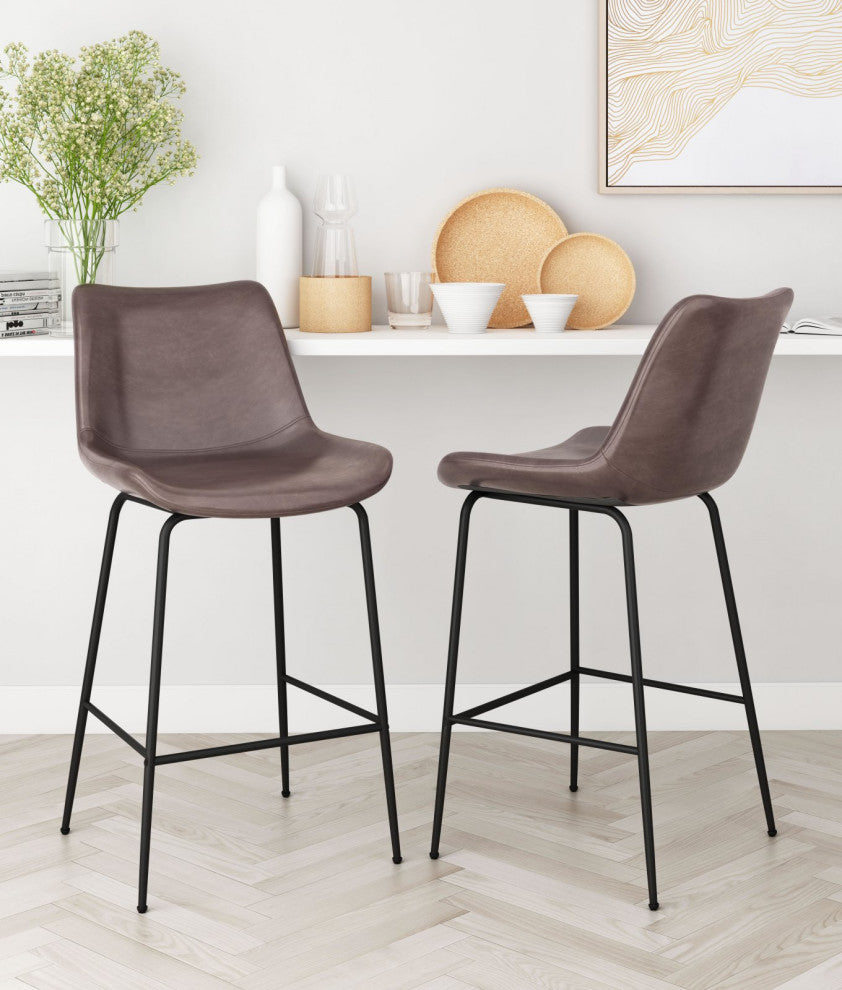 Counter Stool Chair, Faux Vinyl Leather, Steel, Brown, Black, Mid Century Cafe