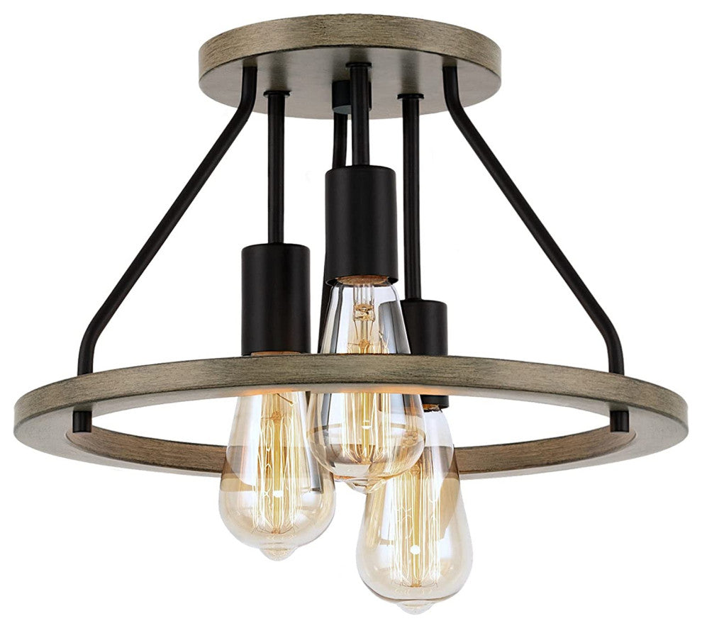 3 Light Farmhouse Flush Mount Light, Wood Ceiling Lamp