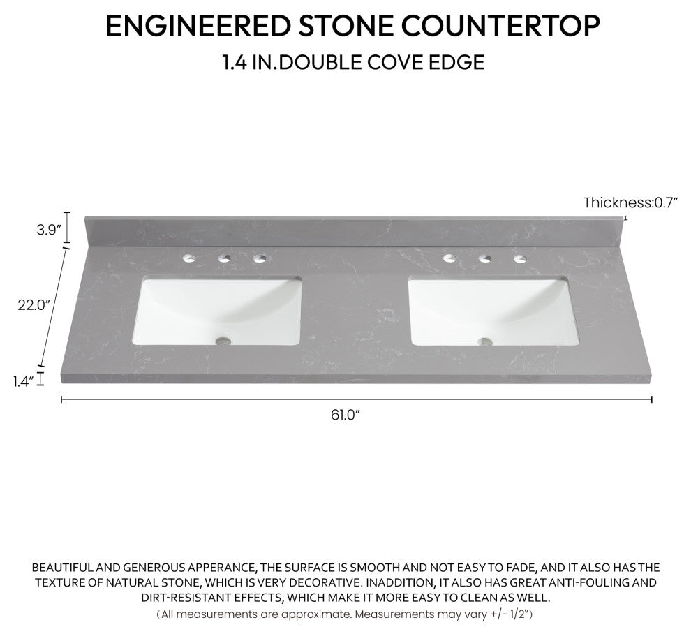Jaen Composite Stone Vanity Top With Ceramic Sink, Reticulated Gray, 61"