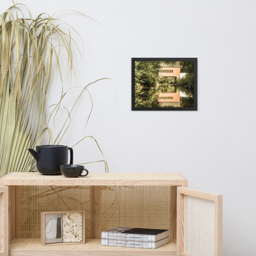 The Reflections of Wooddale Covered Bridge Aged Framed Photo Wall Art Print, Black, 11" X 14"